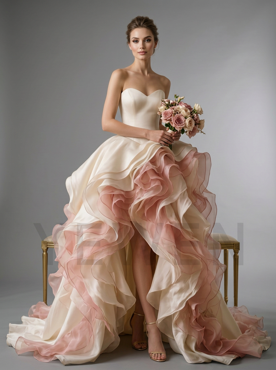 Strapless Tiered Ruffle Evening Gown with High-Low Hem YD260924