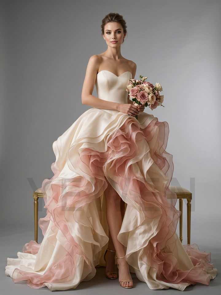 Strapless Tiered Ruffle Evening Gown with High-Low Hem YD260924