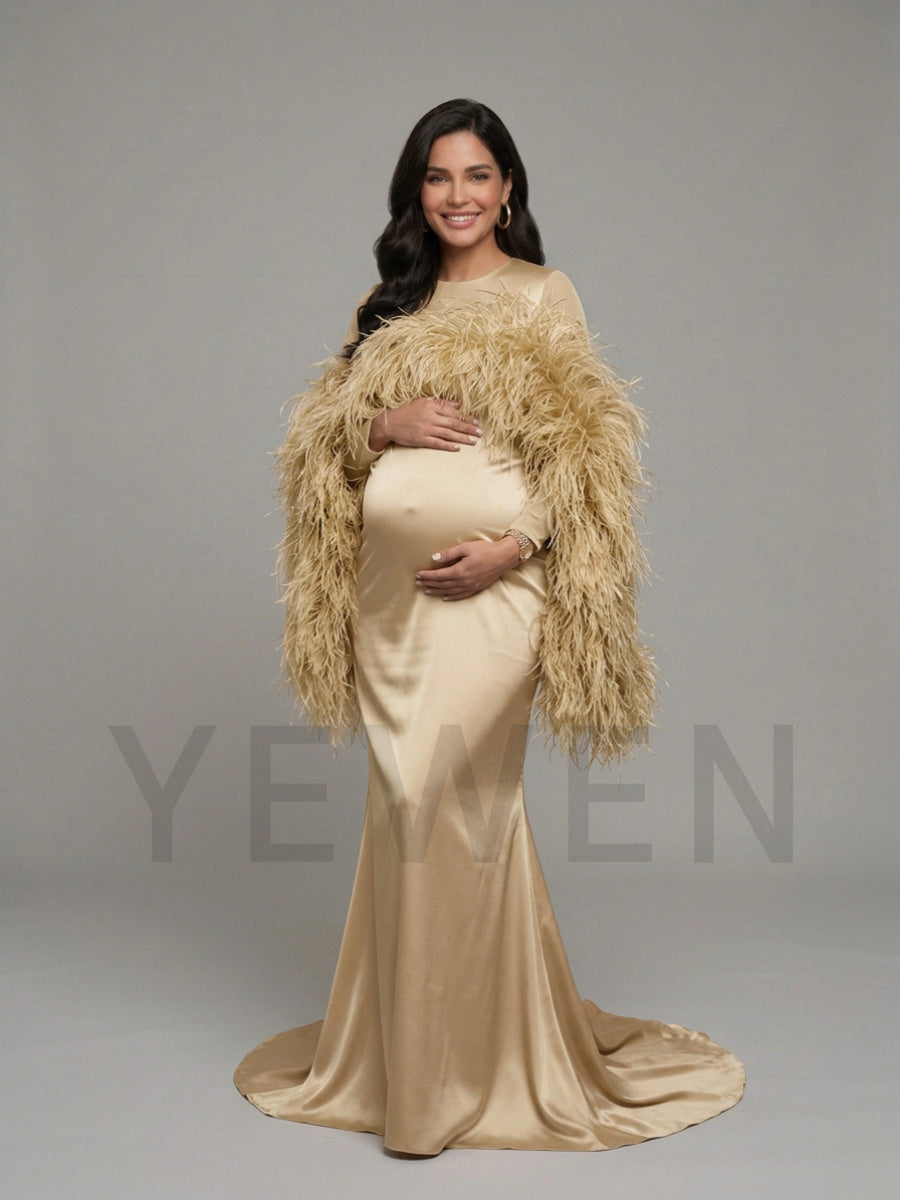 Dramatic Ostrich Feather Cape Maternity Baby Shower Dress YD260917