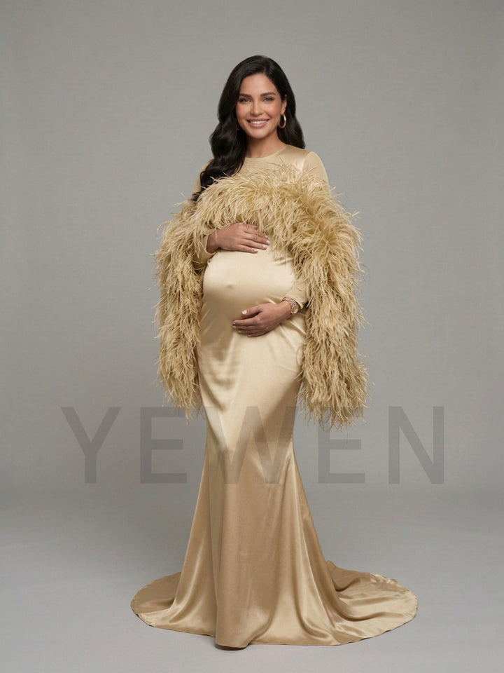 Dramatic Ostrich Feather Cape Maternity Baby Shower Dress YD260917