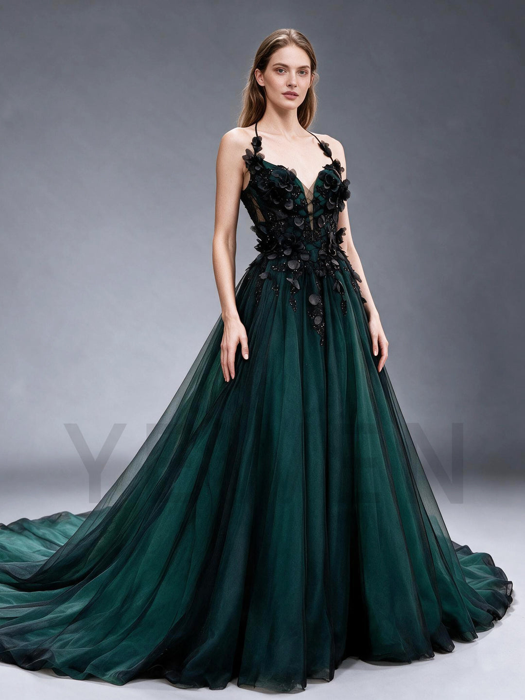 Dark Green 3D Floral Off-Shoulder Long Sleeve Lace Evening GownYX26108