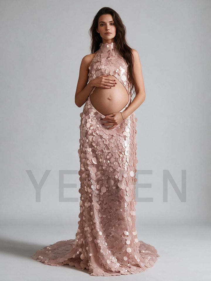 Halter Cutout Belly Sequin Maternity Baby Shower Dress YW2609233