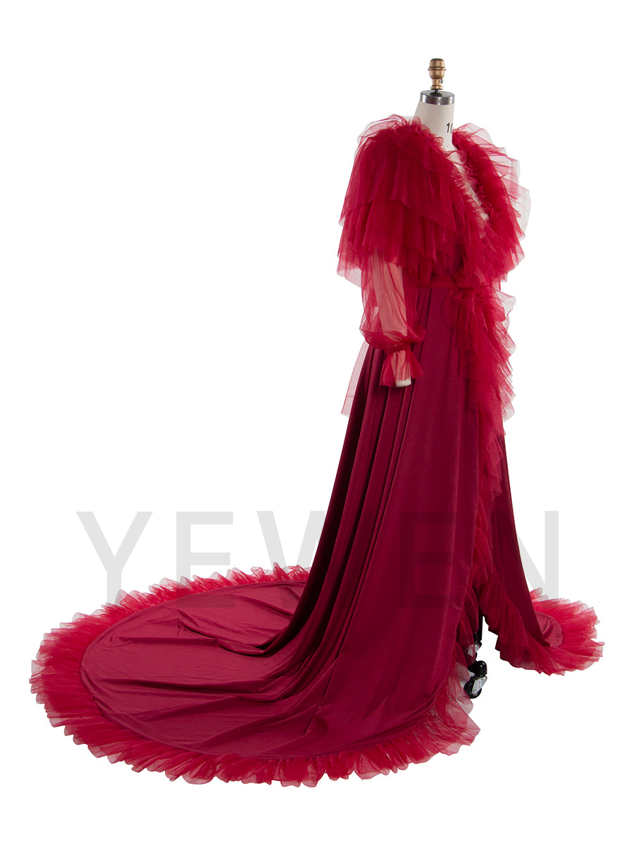 Deep Red Tulle Ruffle Gown for Photoshoots YW250073