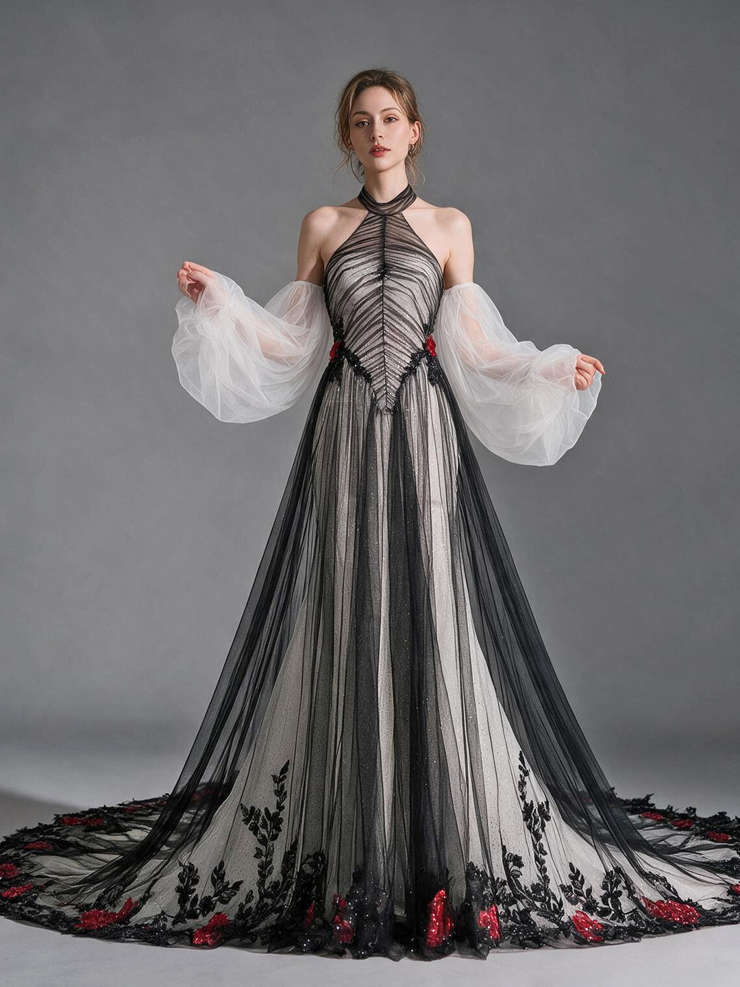Halter Sheer Mesh Floral Evening Gown with White Tulle Sleeves YX26102