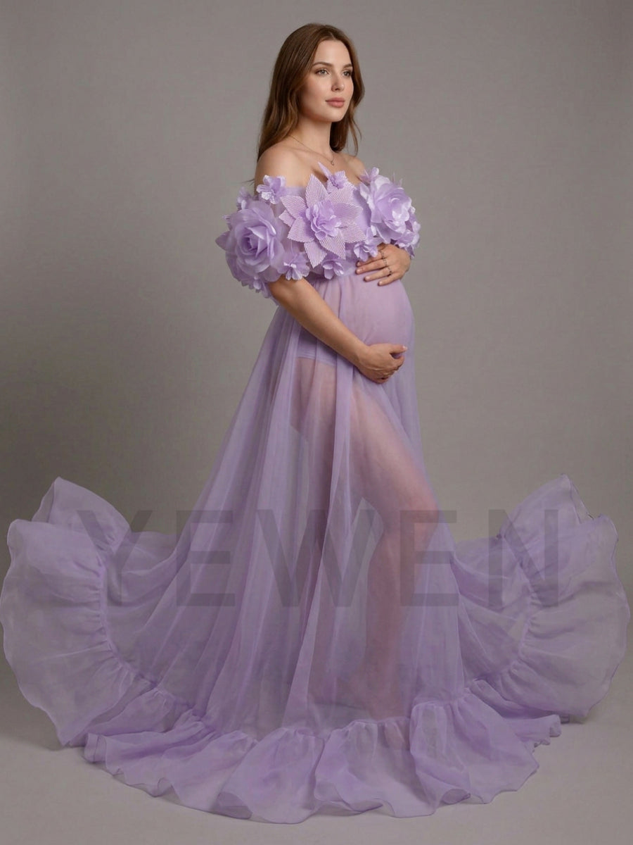 Purple One-Shoulder 3D Floral Sheer Maternity Photoshoot Gown YD260905