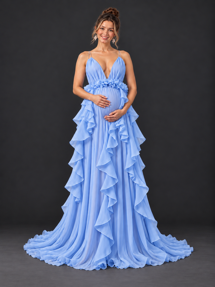 Spaghetti Deep V-Neck Tulle Ruffle Maternity Photoshoot Gown HA261003