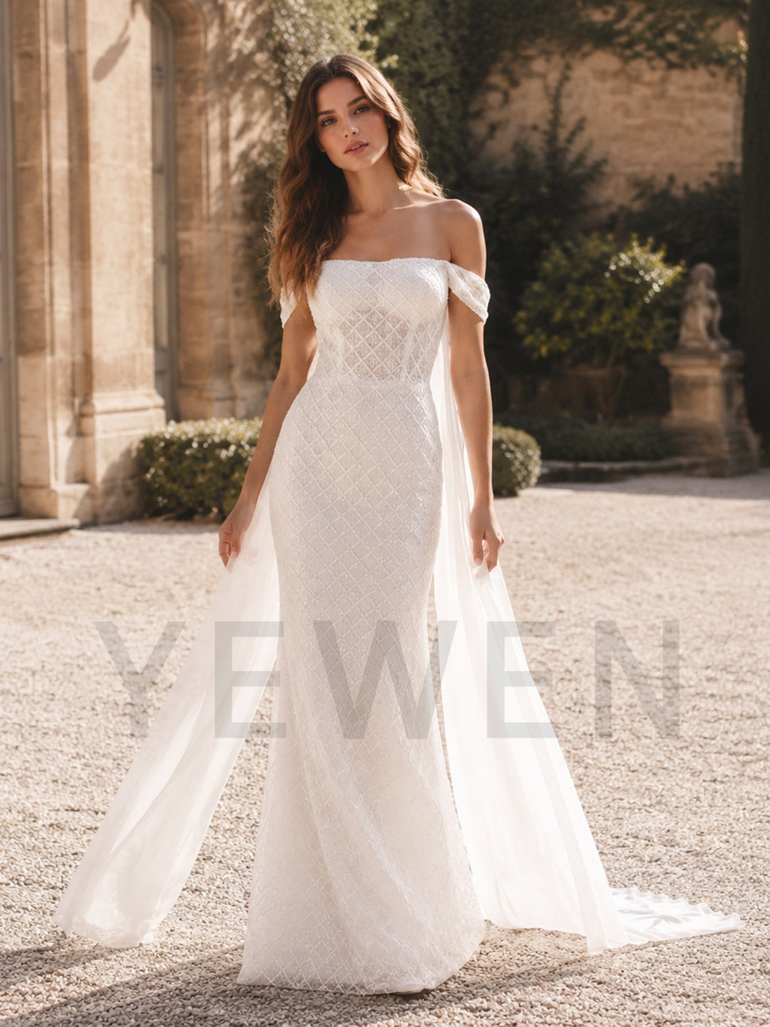 Ivory Off-Shoulder Diamond Lace Boho Wedding Dress with Draped Cape