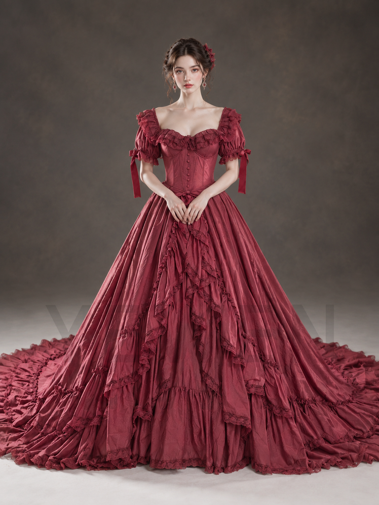 Burgundy Off-Shoulder Ruffled Corset Tiered Christmas Dress YW260357
