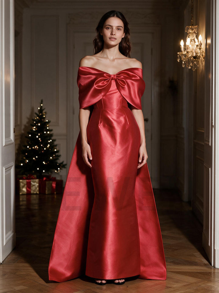 Red Off-Shoulder Satin Christmas Dress with Big Bow YW2609281