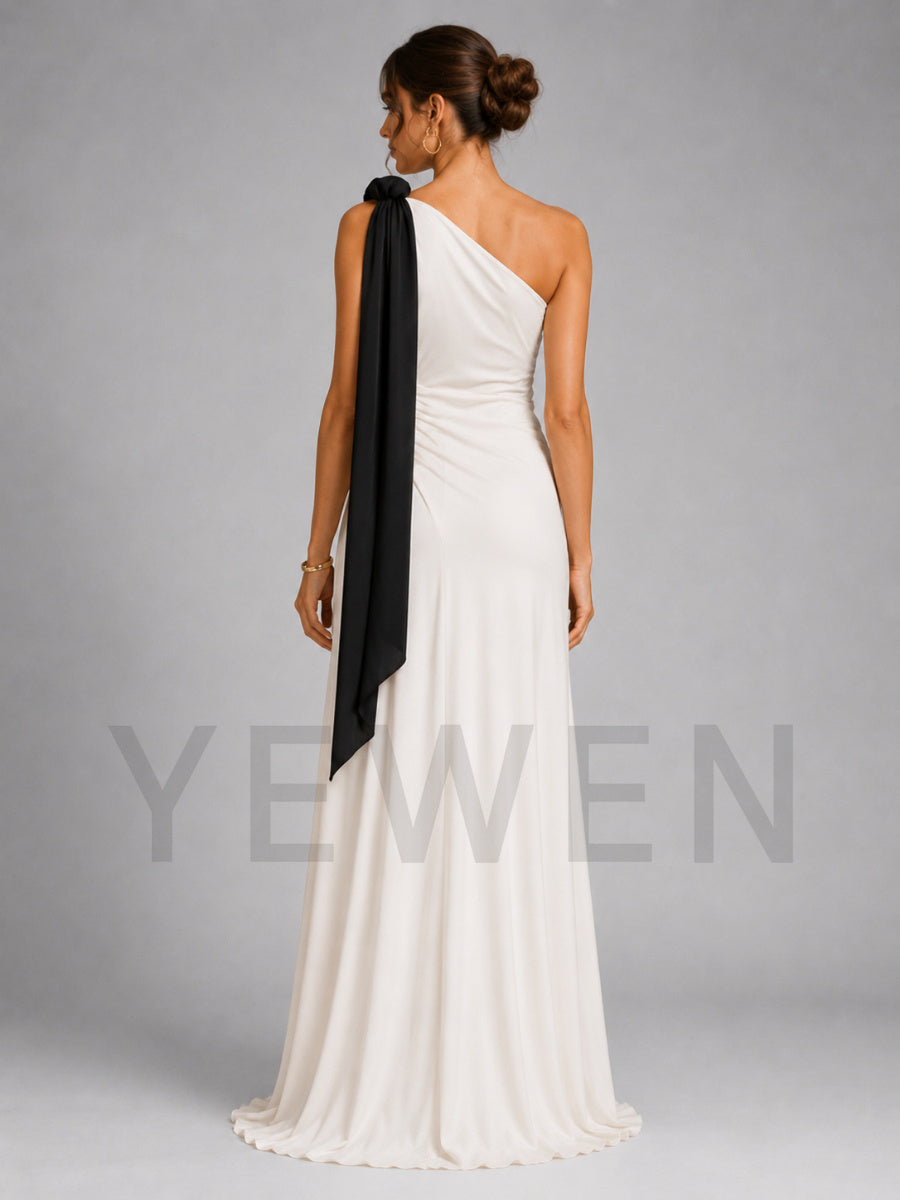 Ivory One-Shoulder Black Draped Sash Maternity Baby Shower Dress L-26930