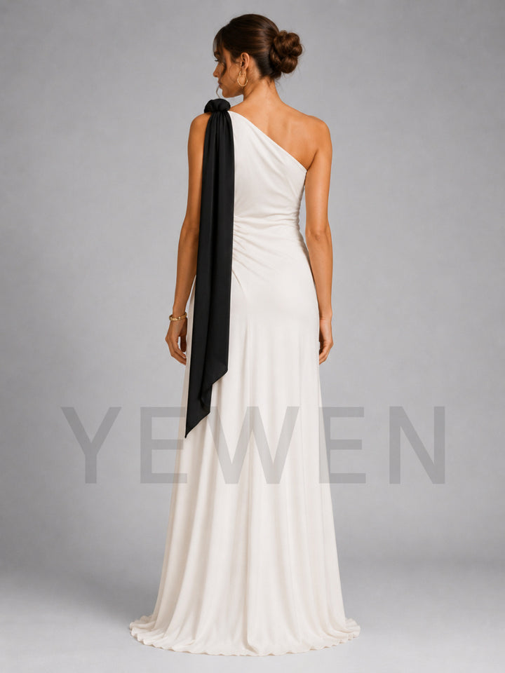 Ivory One-Shoulder Black Draped Sash Maternity Baby Shower Dress L-26930