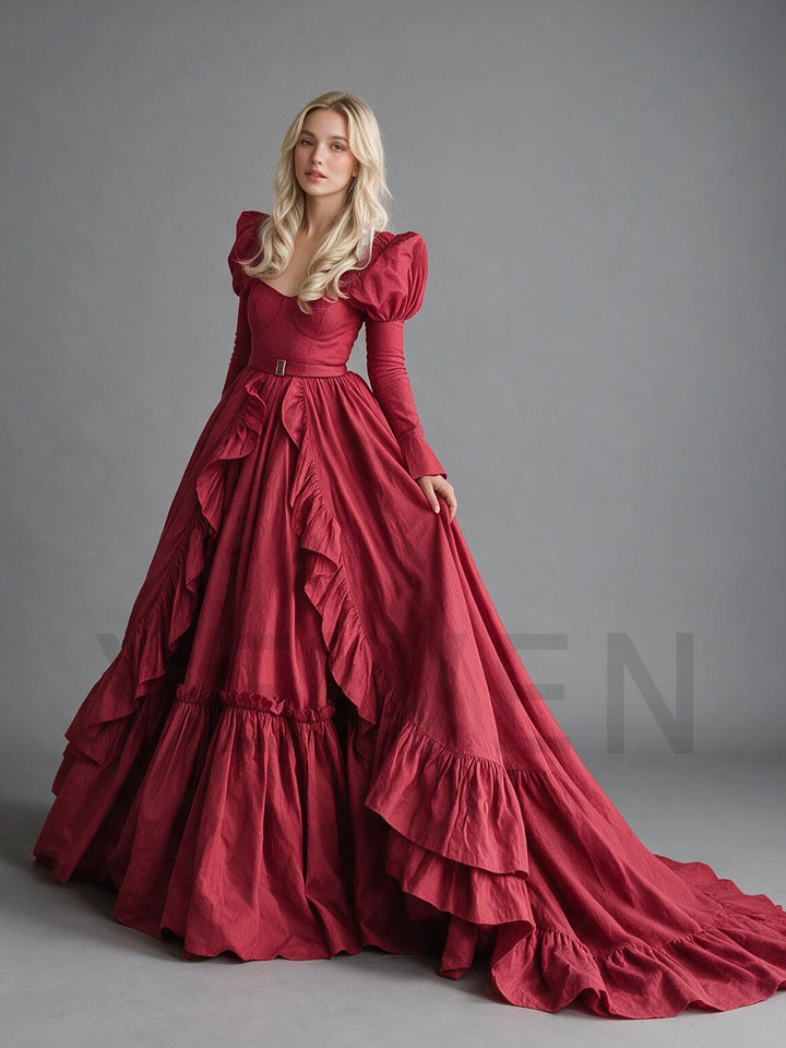 Burgundy Square Neck Puff Sleeve Corset Christmas Dress YW2610095