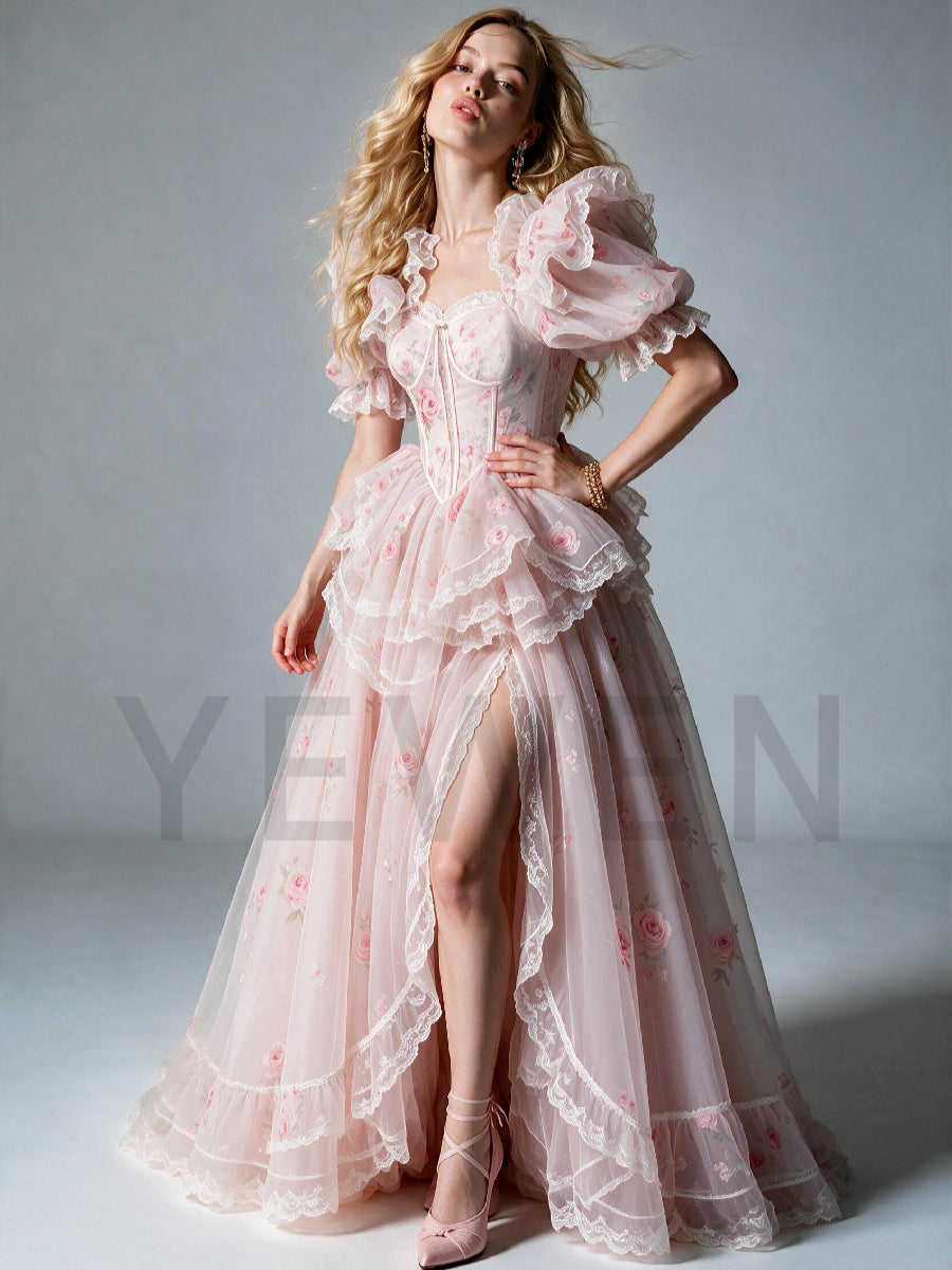 Pink Ruffle Puff Sleeve Princess Dress with High-Low Skirt WT269002