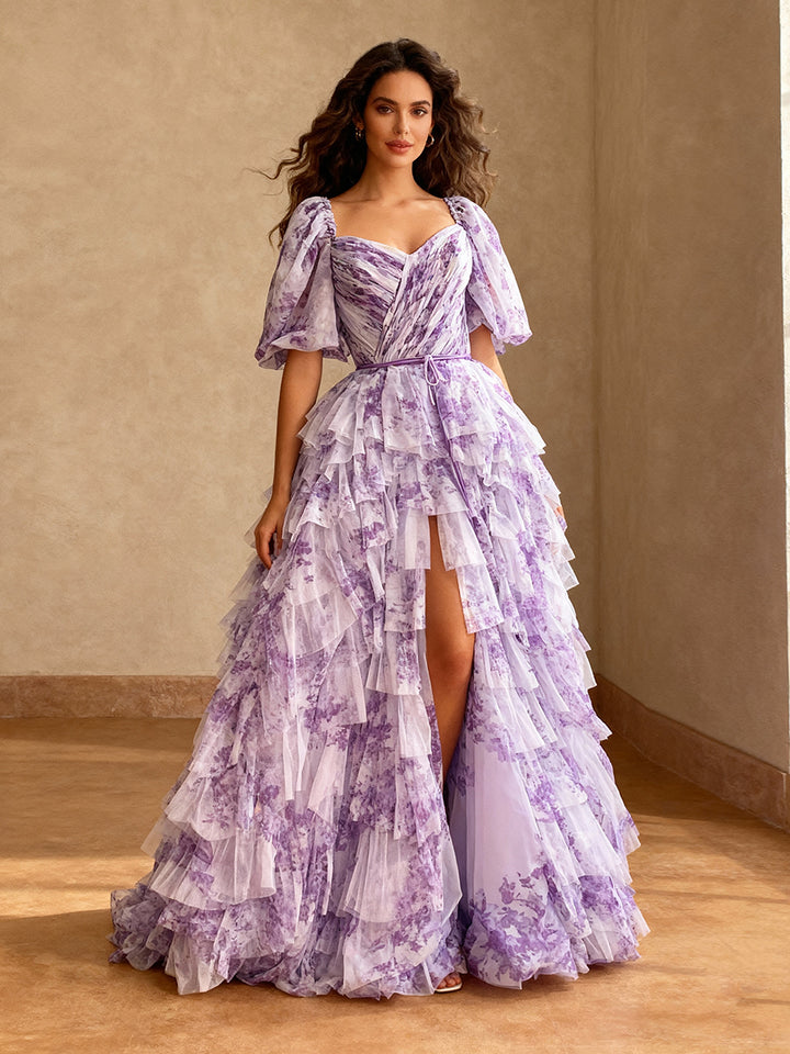 Fancy Evening Dress A Line High Slit Tiered Ruffles Floral Printed Prom Dress