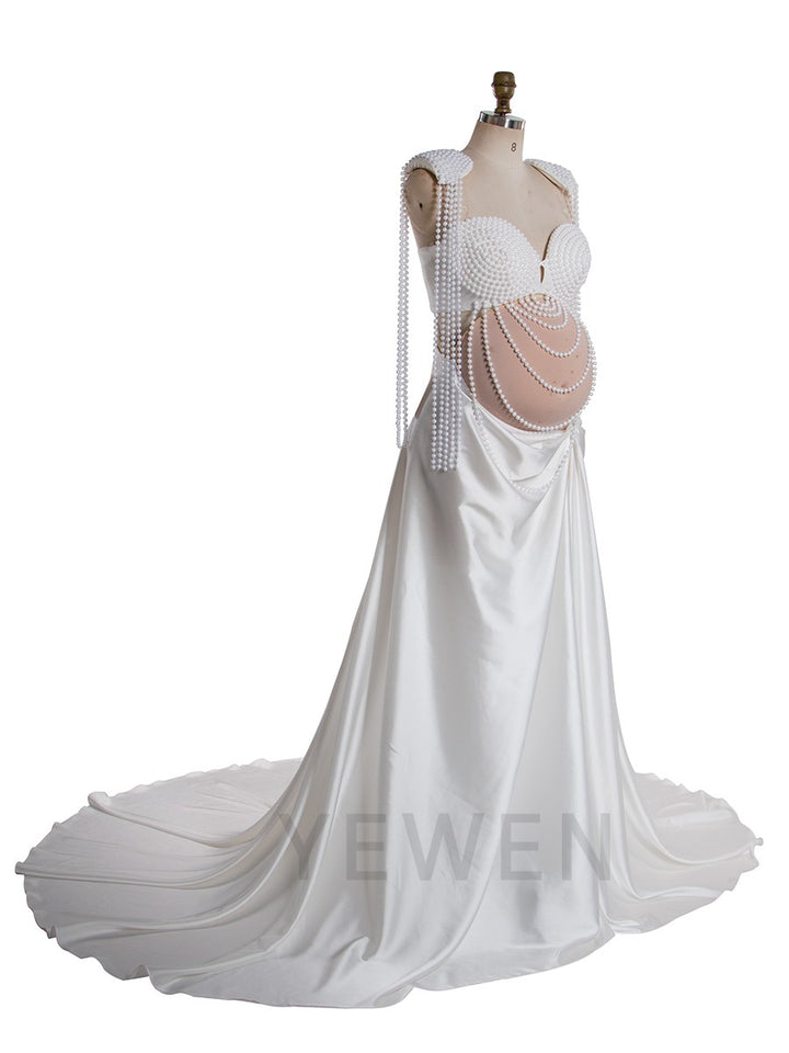 2 Piece Set Pearls Maternity Dress Photoshoot Custom Made Baby Shower Dress for Pregnant Women YW250085