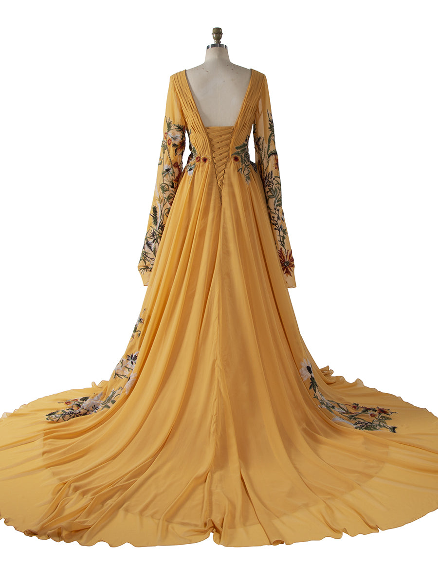 Embroidered Wedding Dress Colorful Floral Lace Texture Pleated Crepe Chiffon Wedding Gown YE2532