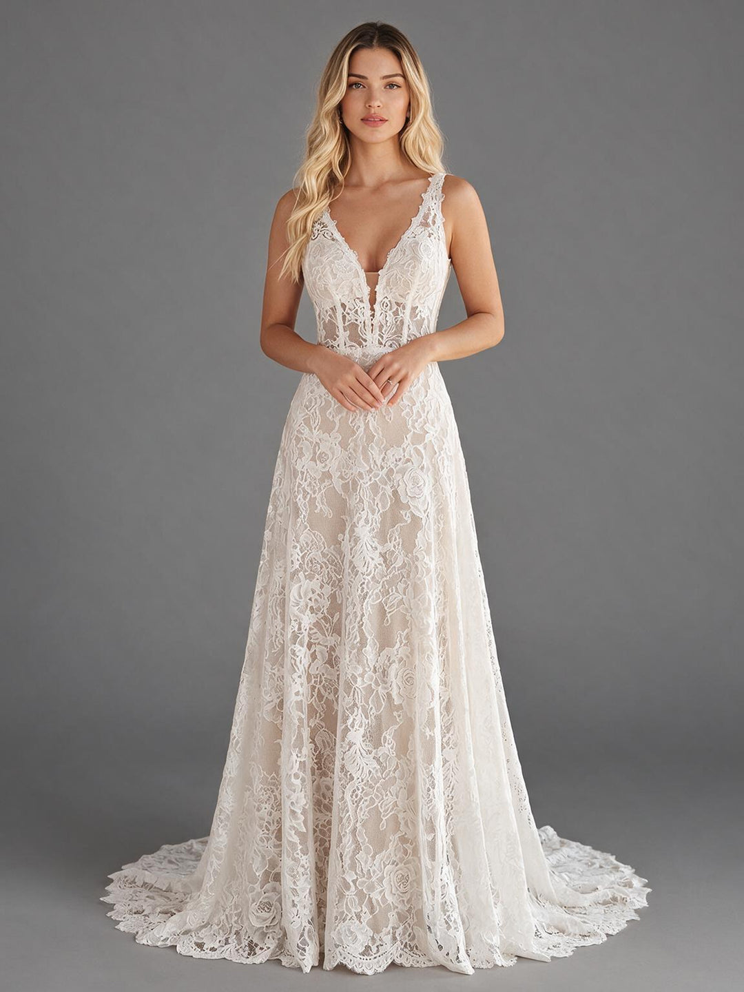 Ivory Deep V-Neck Floral Lace Wedding Dress with Elegant Sheer Train