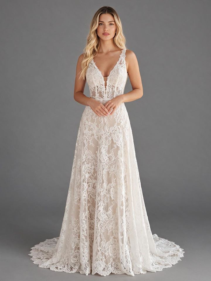 Ivory Deep V-Neck Floral Lace Wedding Dress with Elegant Sheer Train