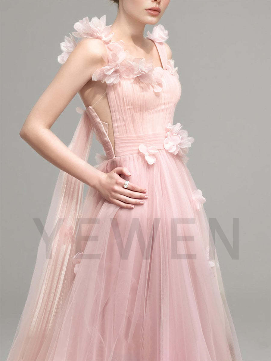 Pink Tulle Wedding Dress Square Neck Sleeveless Flower Embellished  Bridal Gown For Women