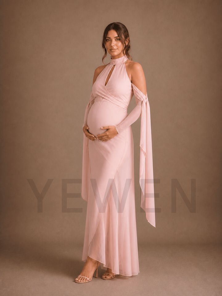 Blush Pink Halter Maternity Baby Shower Dress Maternity Maxi Dress ZX021