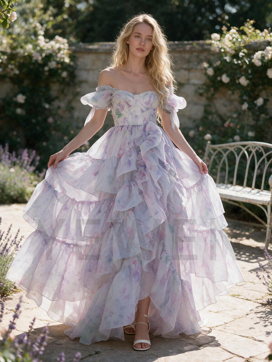 Lilac Floral Off-Shoulder Puff Sleeve Princess Dress YW2609271