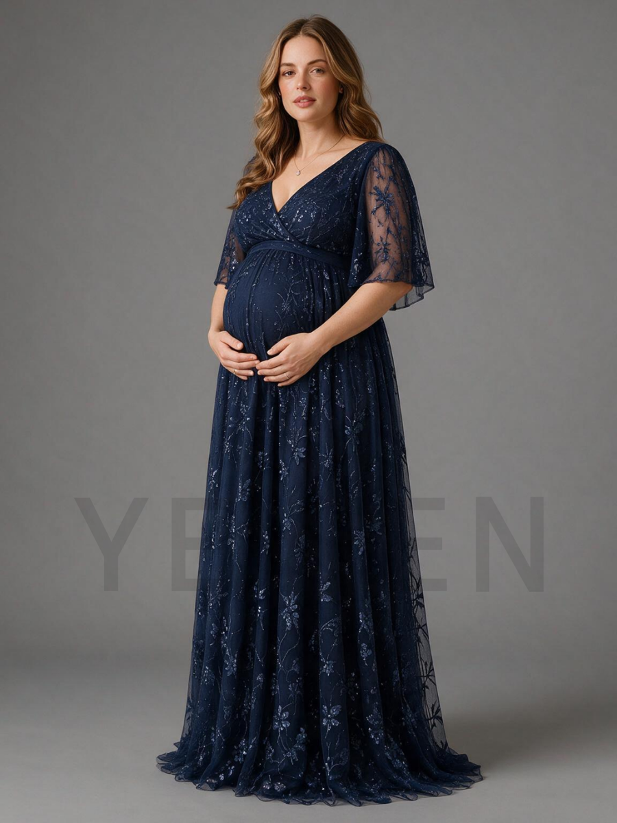 Navy Floral Sequin V-Neck Maternity Dress For Baby Shower
