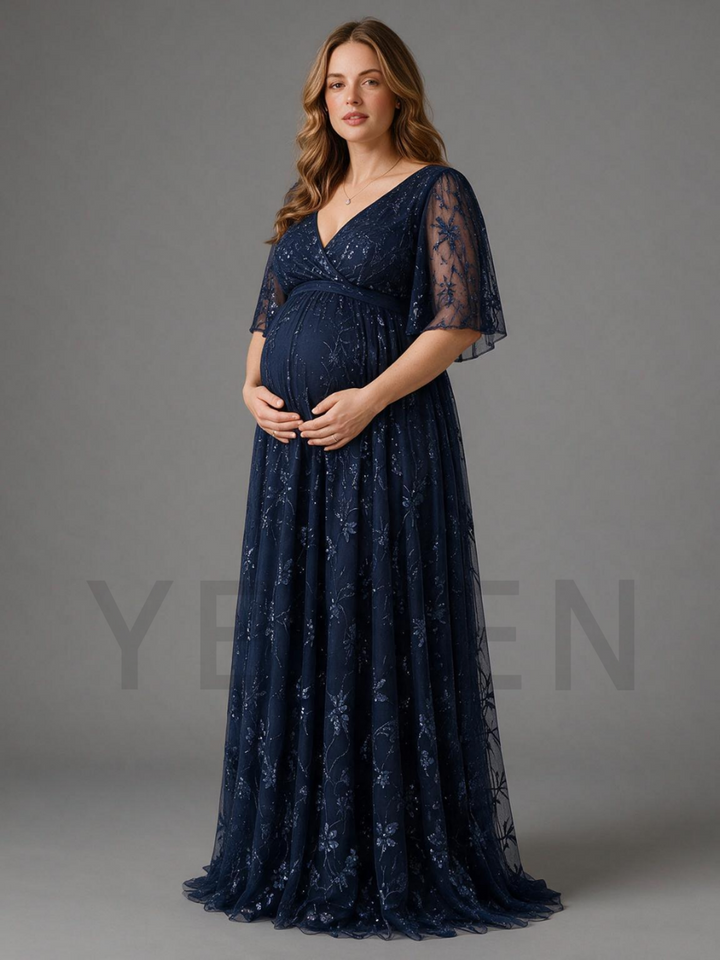 Navy Floral Sequin V-Neck Maternity Dress For Baby Shower