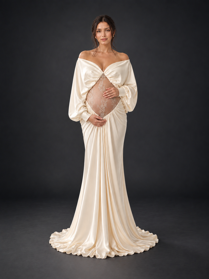 Off-Shoulder Sheer Lace Belly Maternity Photoshoot Gown HY269006