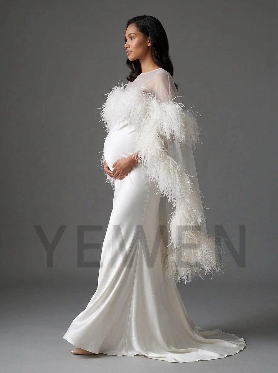 7-Layer Ostrich Feather Cape White Maternity Baby Shower DressYD261018