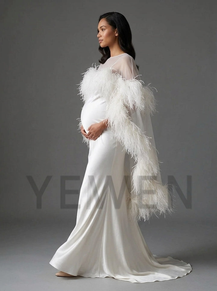 7-Layer Ostrich Feather Cape White Maternity Baby Shower DressYD261018