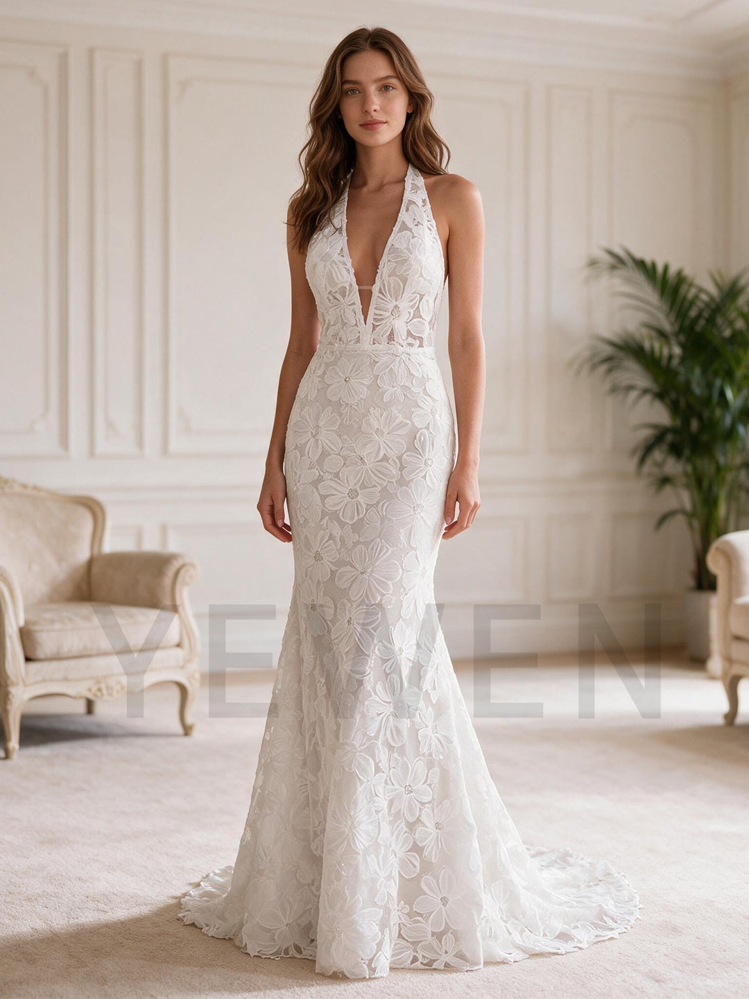 White Halter Deep V-Neck Floral Mermaid Wedding Dress