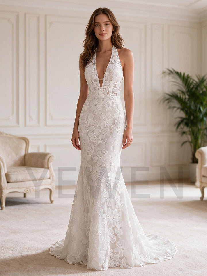 White Halter Deep V-Neck Floral Mermaid Wedding Dress