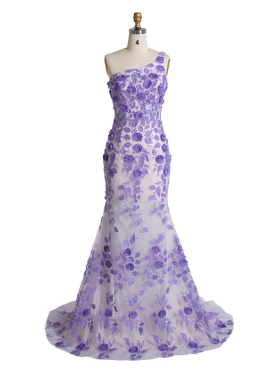 Mermaid One Shoulder, Purple Embroidery Lace, Prom Dresses 