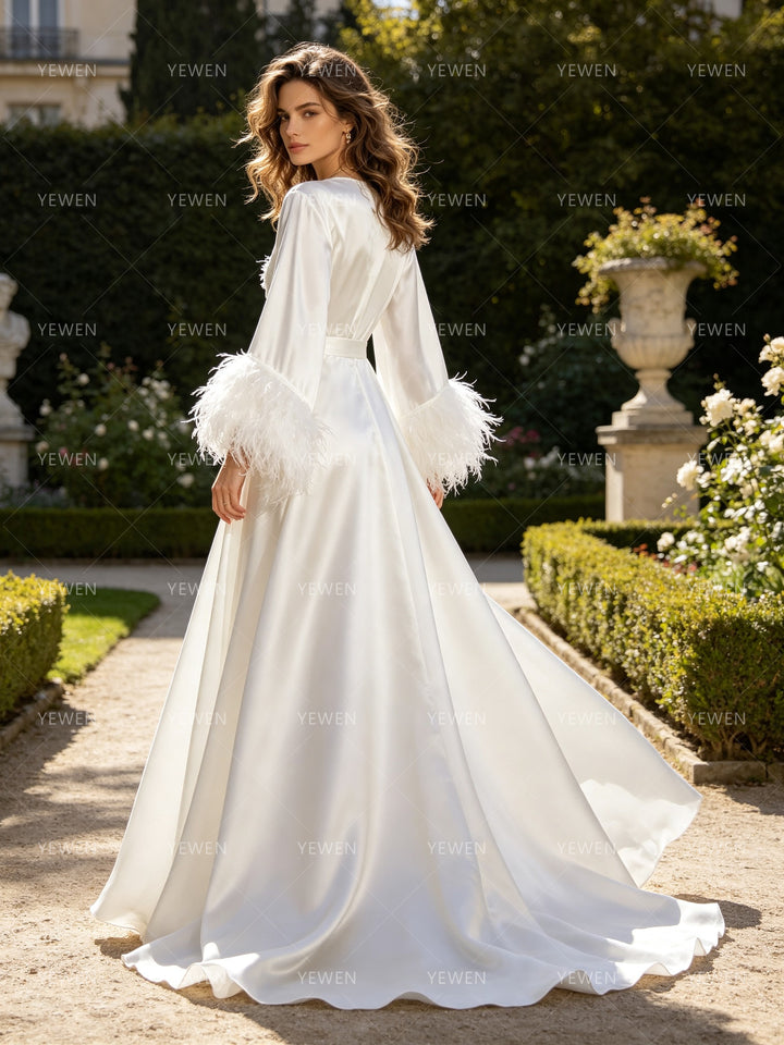 Bridal Robe with Ostrich Feather Sleeves Satin Bridal Getting Ready Robe Wedding Boudoir Gown