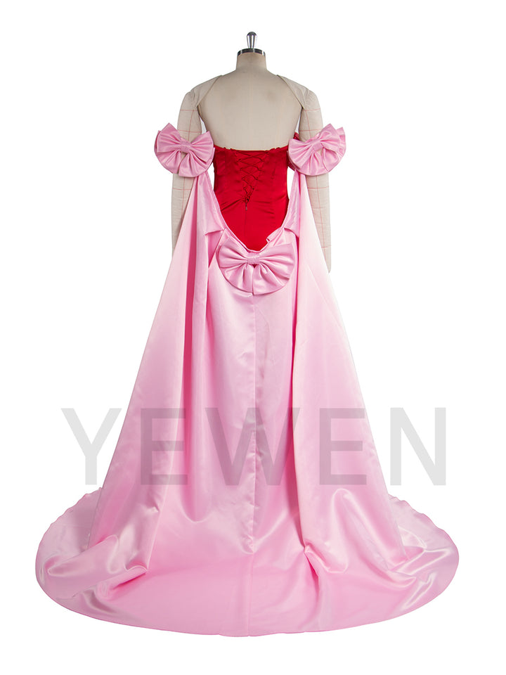Elegant Satin Pink Cape With Red Bow Off Shoulder Prom Dresses uk LT003