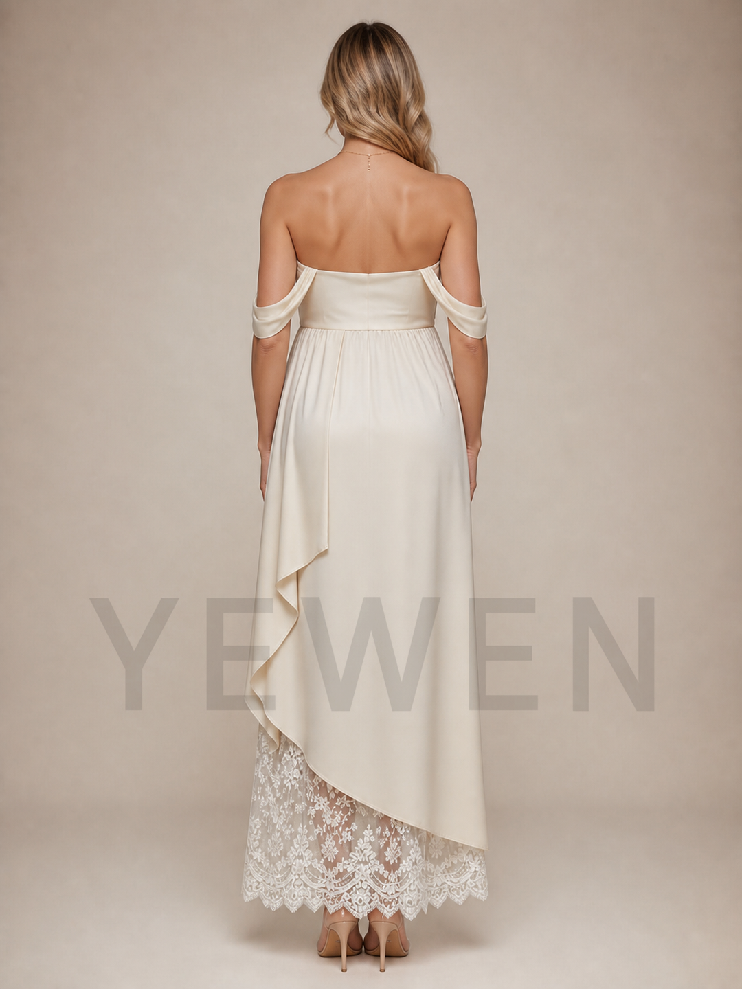 Ivory Satin Maternity Baby Shower Dress Off Shoulder Gown with Lace Hem ZX006