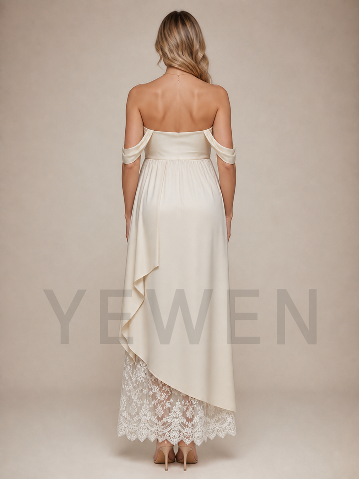 Ivory Satin Maternity Baby Shower Dress Off Shoulder Gown with Lace Hem ZX006