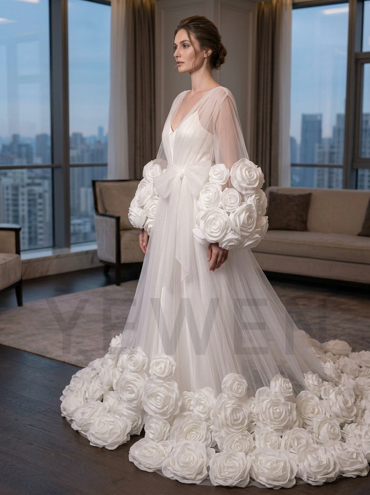 Luxury 3D Organza Flower Bridal Robe Wedding Robe with Flowers Train YD260727