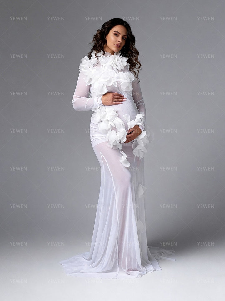 Sheer Maternity Photoshoot Dress Elegant White 3D Floral Long Sleeve Pregnancy Photography Gown