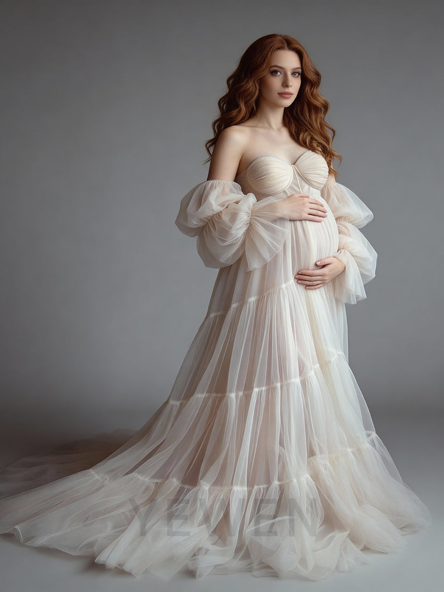 Tulle Maternity Dress for Photoshoot Strapless Long Ruffles Pregnancy Gown for Baby Shower