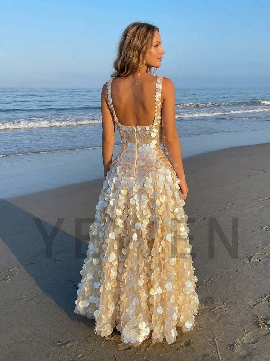 Square Neck Paillette Sequin Maxi Evening Dress YD261004