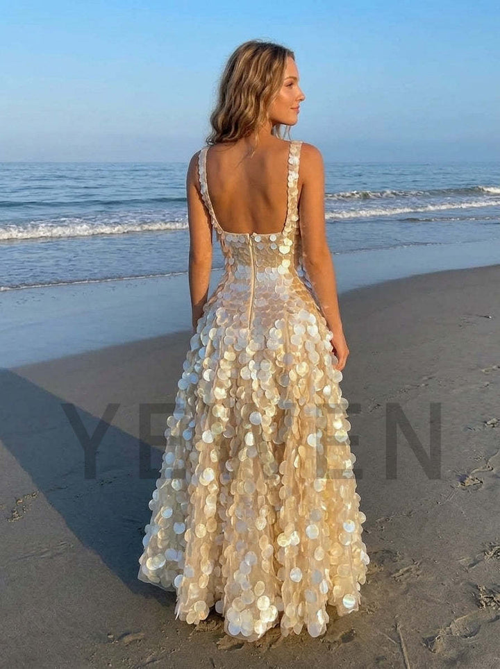 Square Neck Paillette Sequin Maxi Evening Dress YD261004