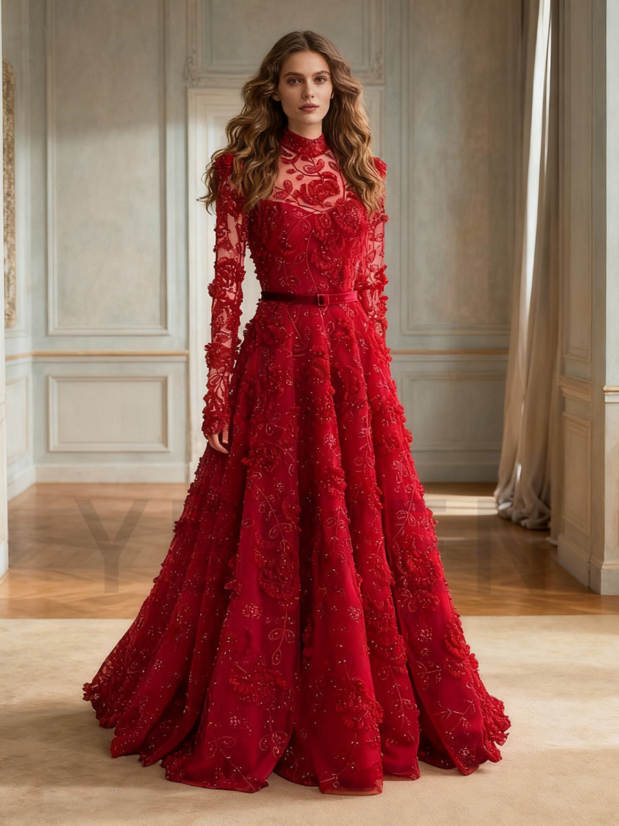 Striking Red Gown Embroidered Beaded Tulle Formal Gown Gala Dress