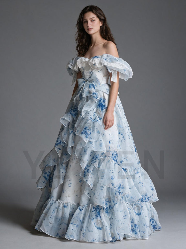 Blue Floral Off-Shoulder Puff Sleeve Princess Dress YW2609295