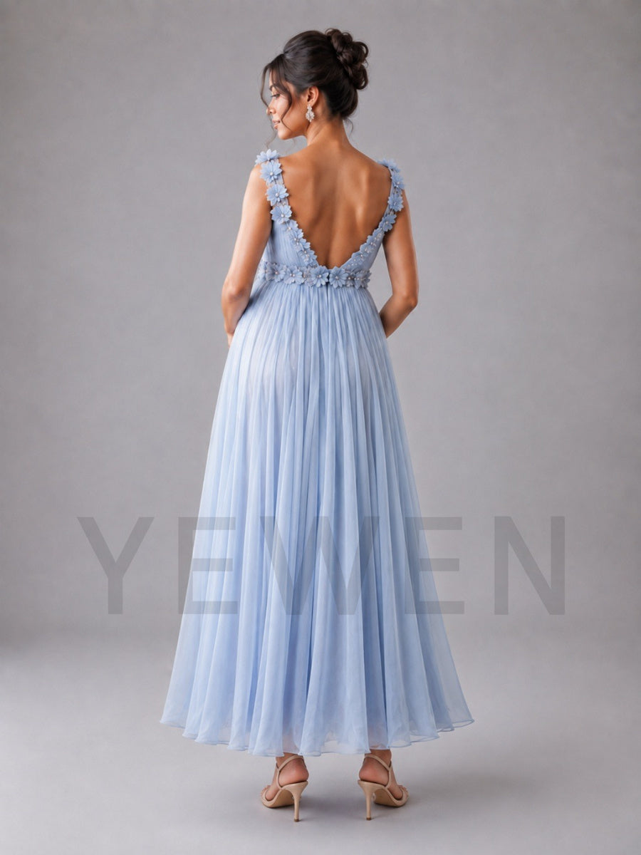Light Blue Square Neck 3D Floral Maternity Baby Shower Dress L-26926