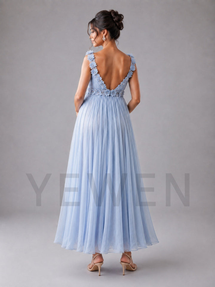 Light Blue Square Neck 3D Floral Maternity Baby Shower Dress L-26926