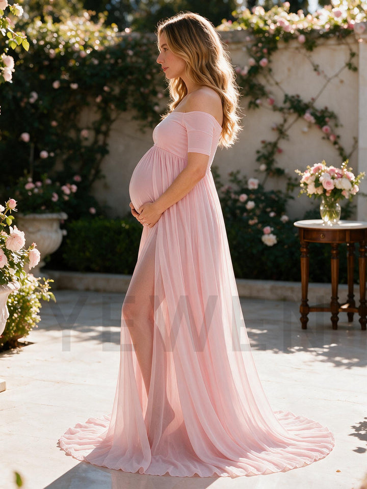 Light Pink Off-The-Shoulder Maternity Dress Baby Shower Photoshoot