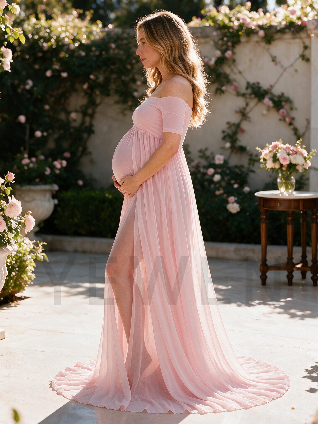 Light Pink Off-The-Shoulder Maternity Dress Baby Shower Photoshoot – yewendress