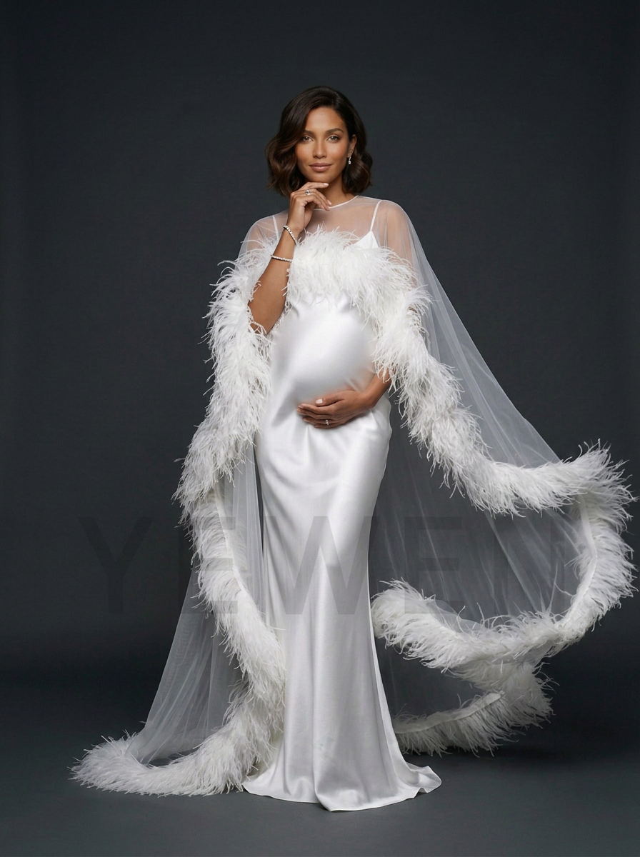 Luxury Ostrich Feather Maternity Cape Dress for Photo Shoot Baby Shower Gown YD260825