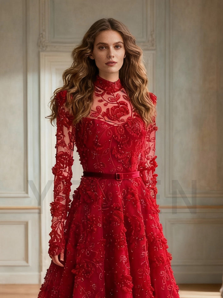 Striking Red Gown Embroidered Beaded Tulle Formal Gown Gala Dress